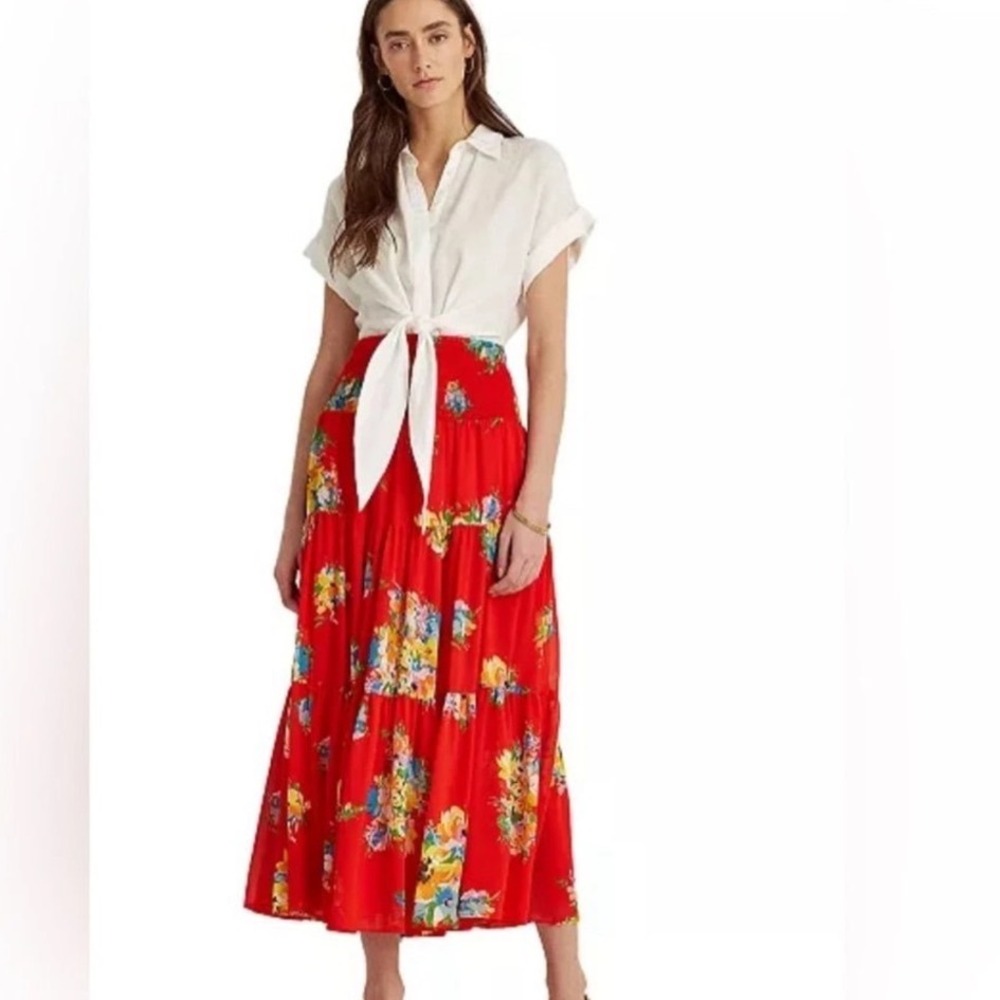 Lauren Ralph Lauren Floral Tiered Maxi Skirt Smocked Waist Boho Vacation XXL
